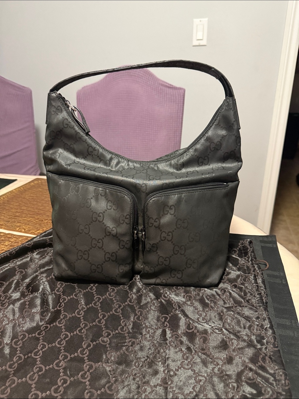Authentic Gucci Nylon Monogram Hobo Black
